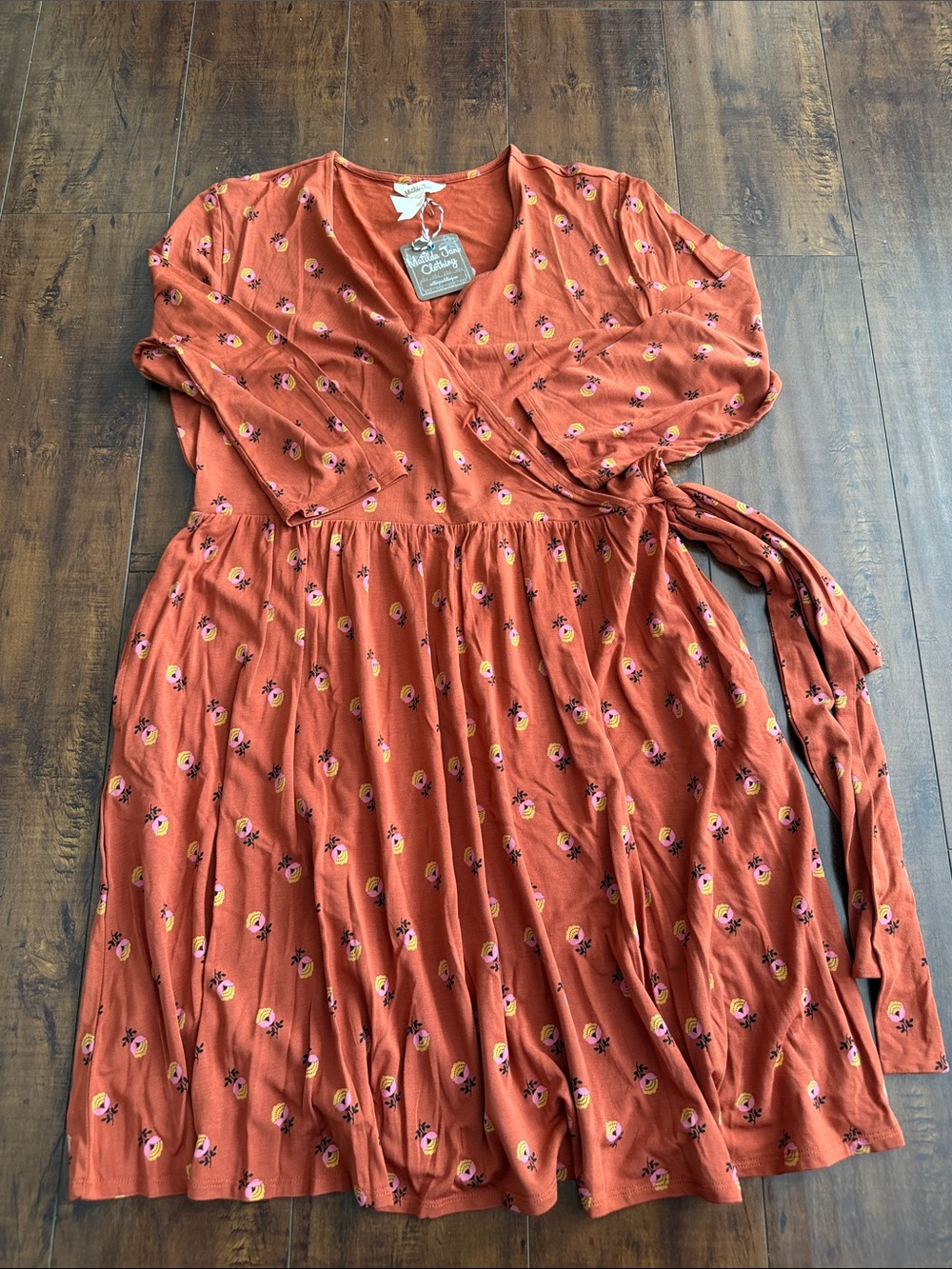 Matilda Jane Rust Floral Wrap Dress with Pink and Yellow Blooms